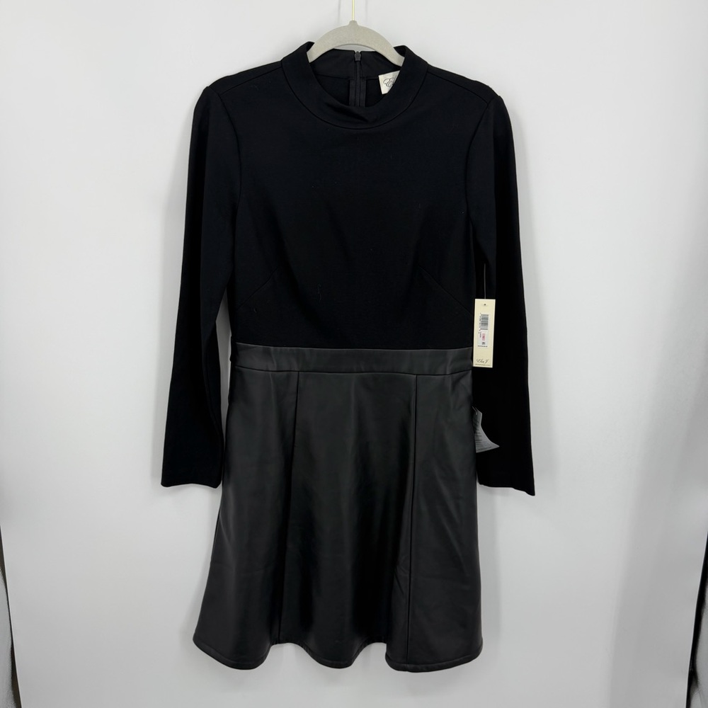 NWT Eliza J mock neck knit & faux leather twofer dress black sz 10 long sleeve
